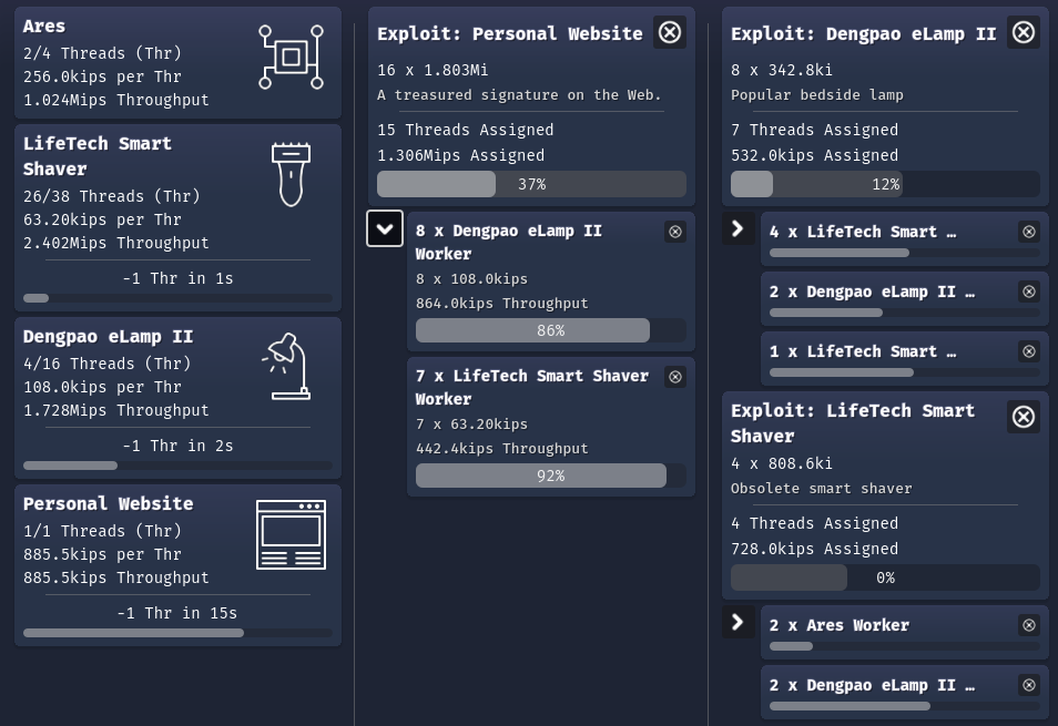 Screenshot of an early game botnet from Botnet of Ares. Smart shavers & lamp provide highly parallel throughput, while the serial throughput comes from a personal server.