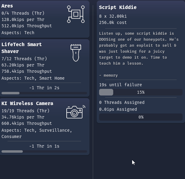 Screenshot from Botnet of Ares showing a ToTo Touchscreen Toaster with Tech, Violence & Smart Home aspects, and a InfiniVision CCTV Camera with Tech, Surveillance and Smart City