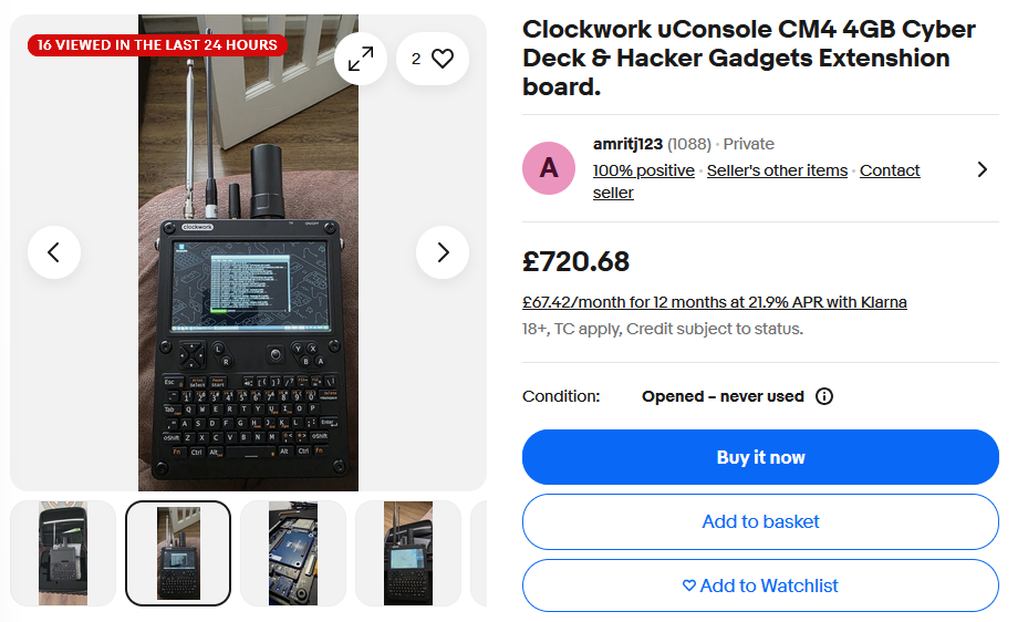 eBay listing for uConsole CM4 plus Hacker Gadgets All In One extension board, at £720 pounds.